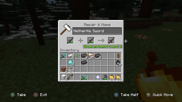 Minecraft player using an anvil to repair a diamond pickaxe with enchantments in a survival base