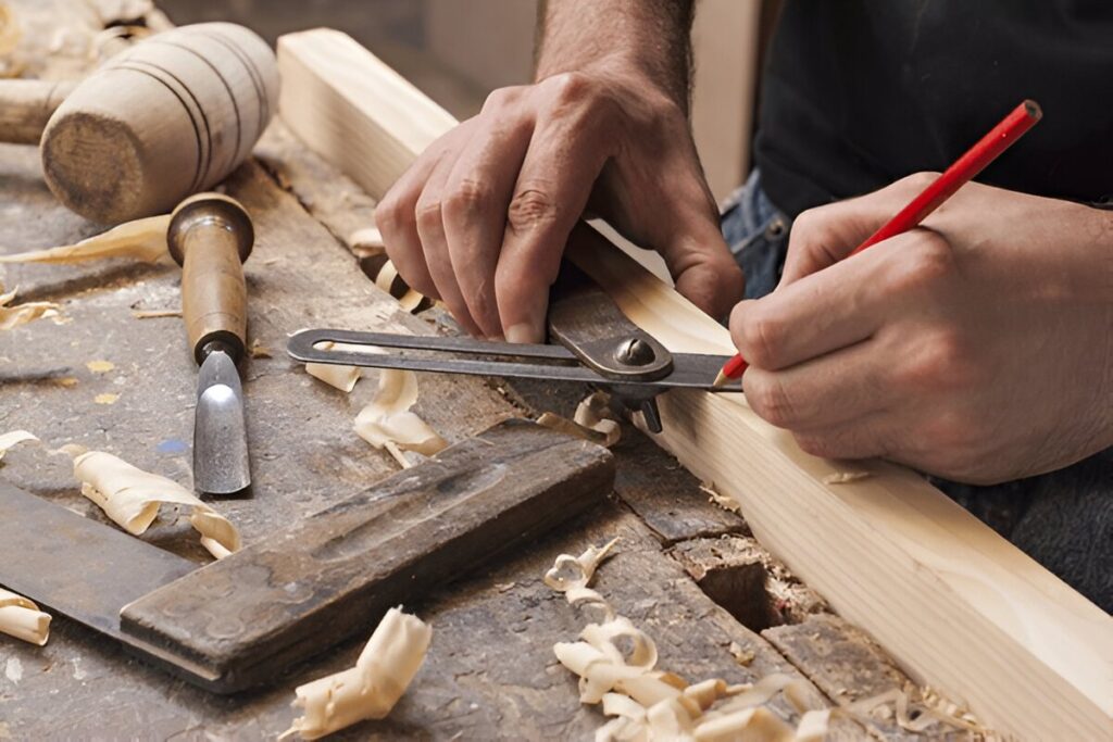 "Shavings curled from a jointer plane during panel preparation"